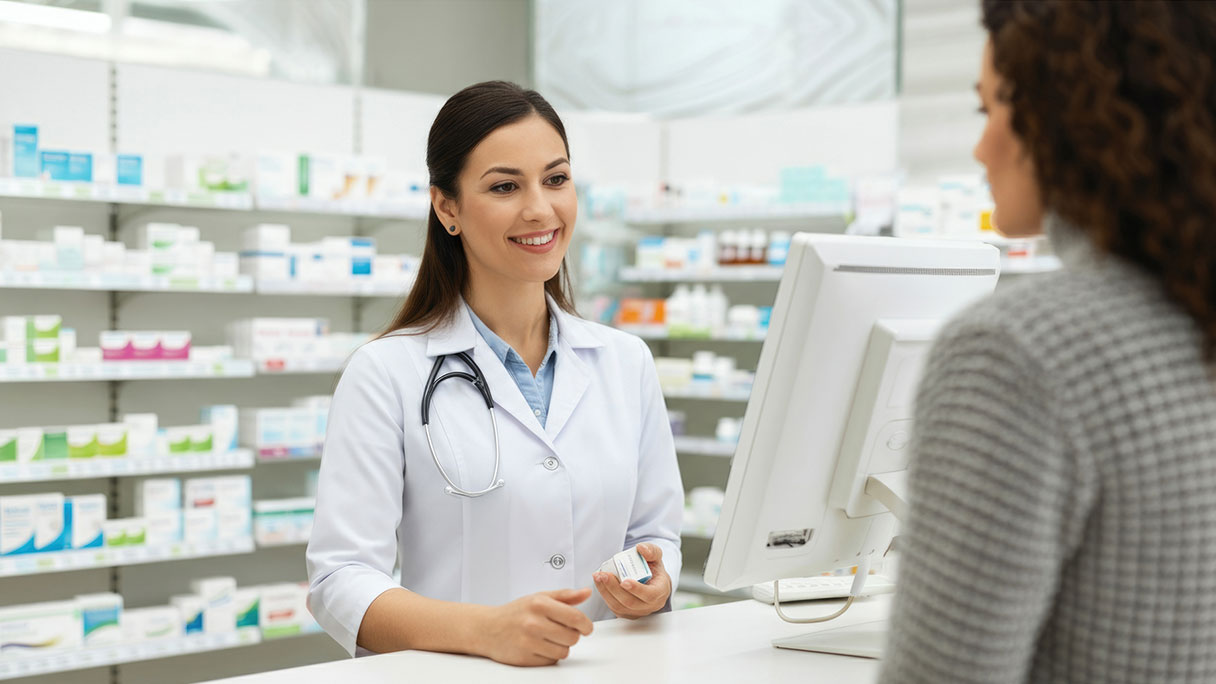 Female pharmacist talking to a female client
