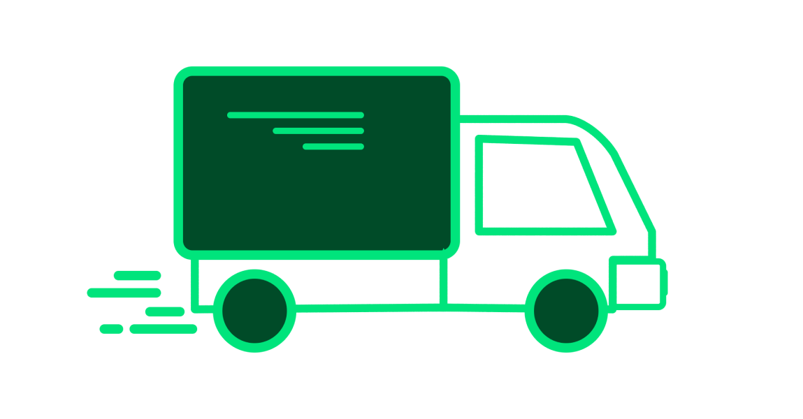Green outline of a delivery truck icon on a dark background