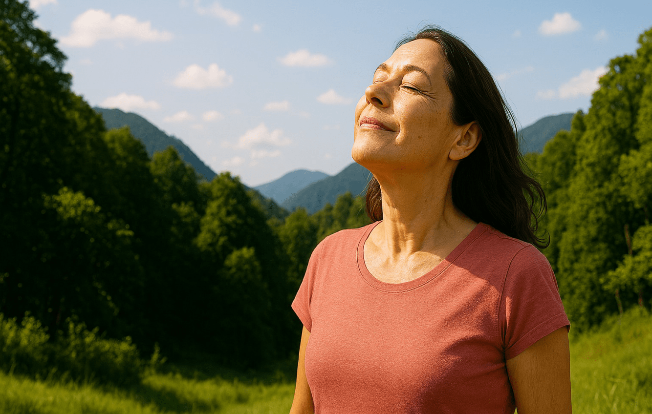 Female breathing deeply in the mountains