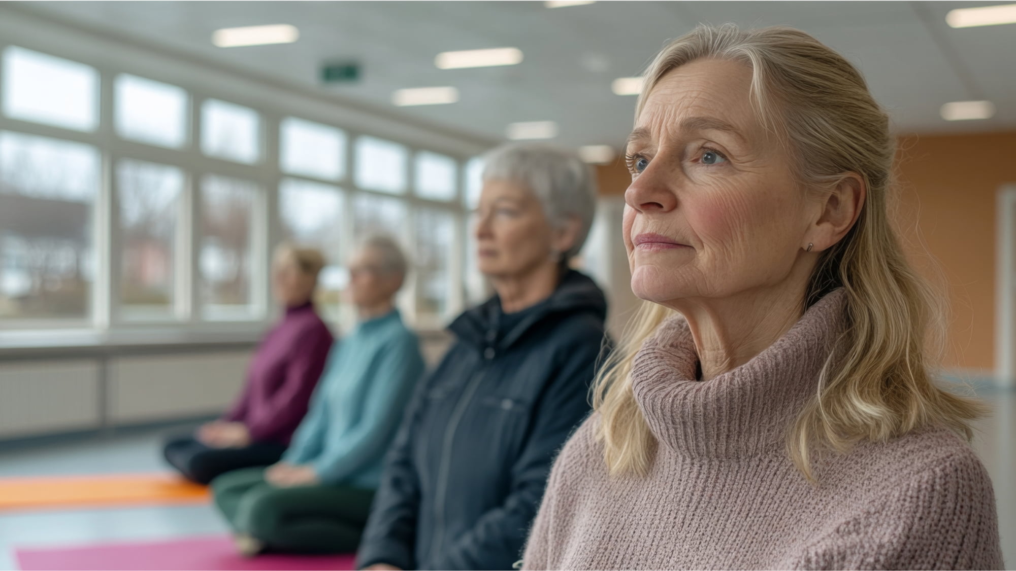 group of ladies practicing yoga indoors