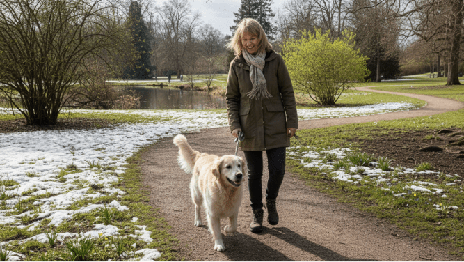 Old woman and her dog walking in nature