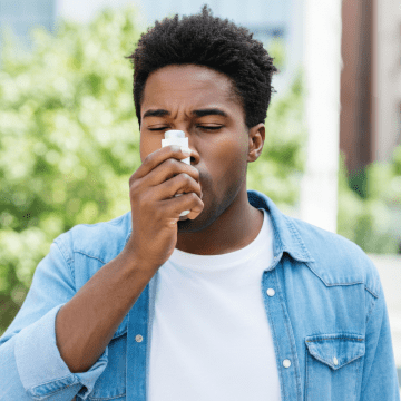 man inhaling medicine