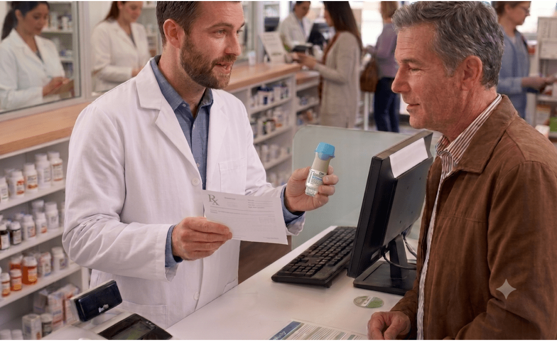 Pharmacist selling the Spiriva Respimat inhaler spray to a patient