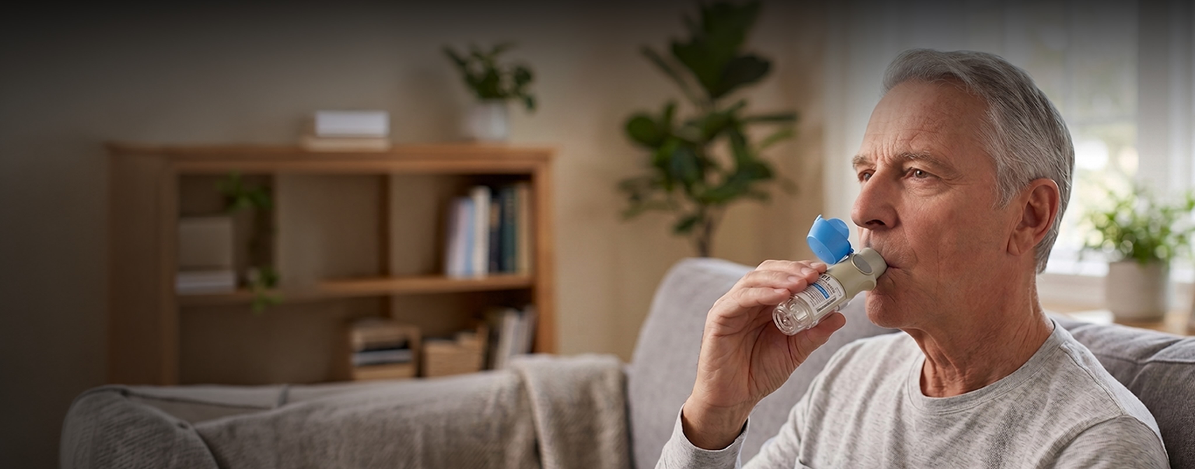 Senior man sitting on a sofa and using a Spiriva Respimat inhaler