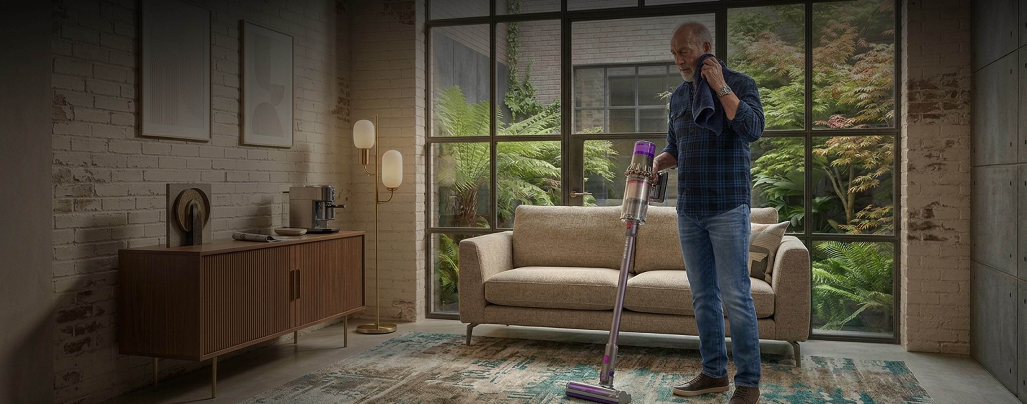 Senior man wiping sweat while vacuuming his living room