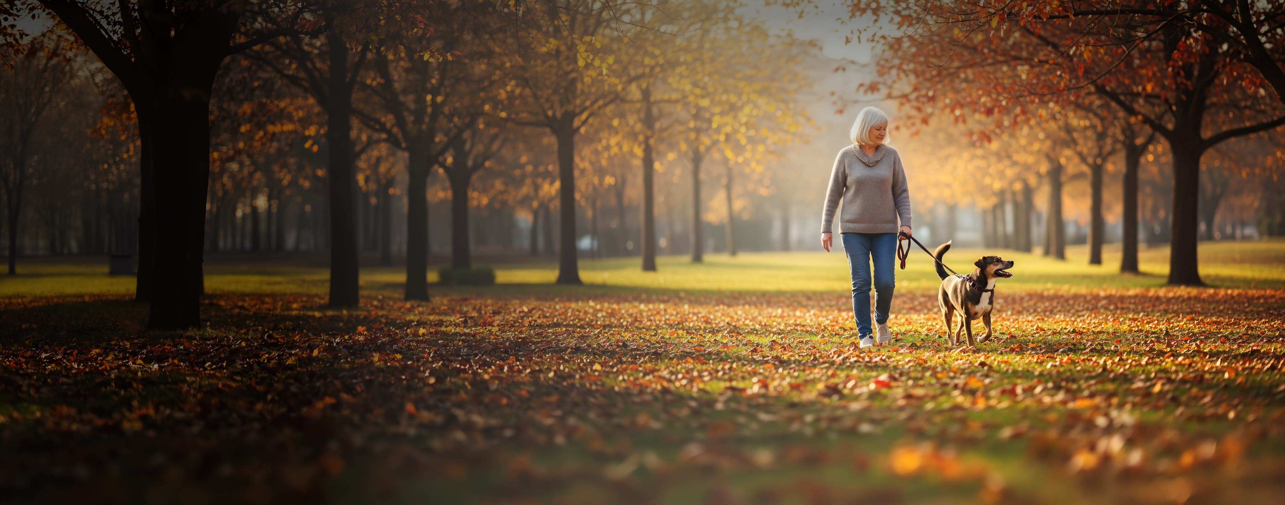 an old lady walking with her dog in the forest