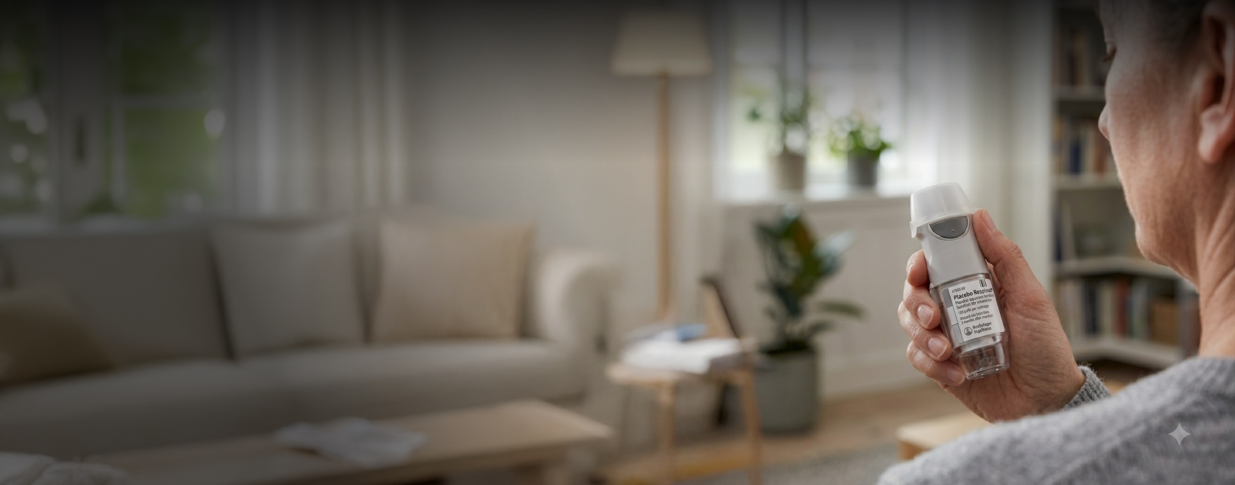 Close-up of a person holding a Spiriva Respimat inhaler in a living room