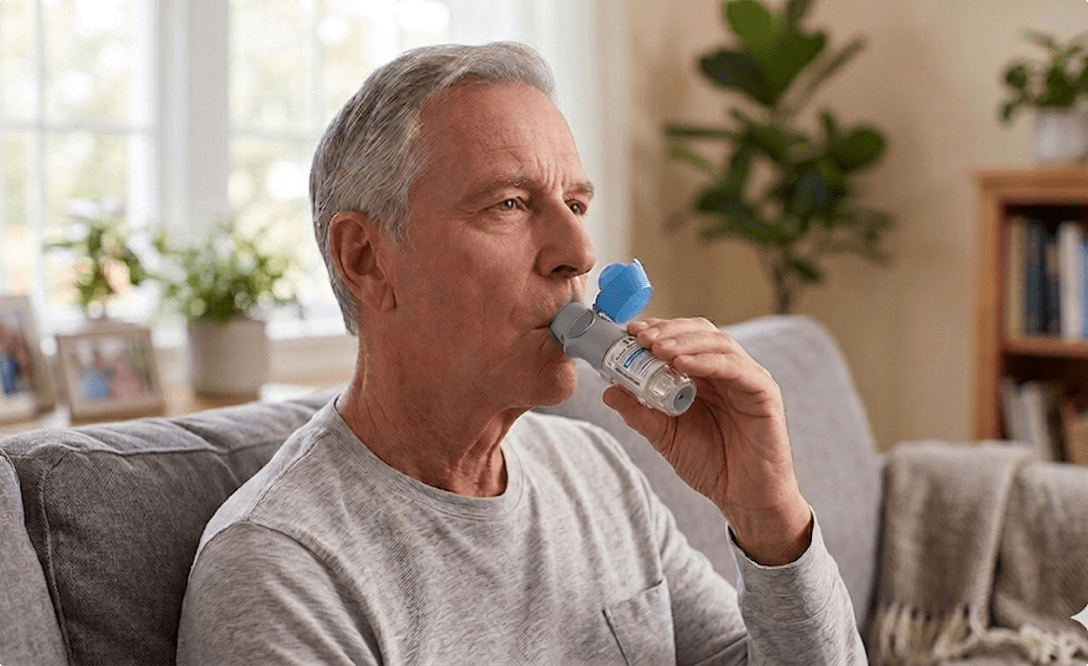 Senior man using a Spiriva Respimat inhaler