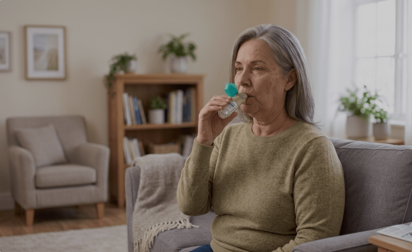 Senior woman using a Spiriva Respimat inhaler