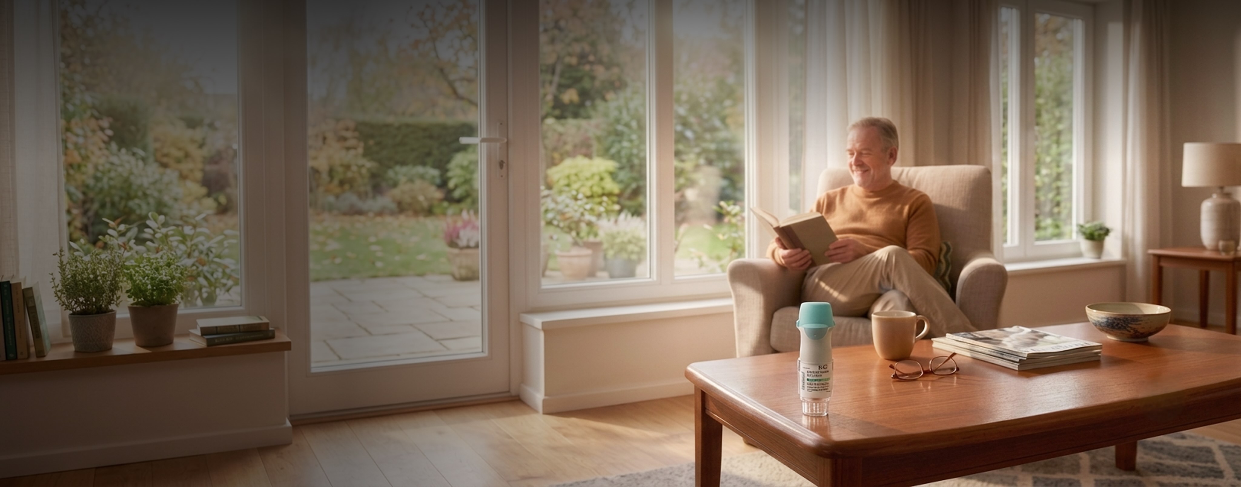 Senior man reading a book with a Spiriva Respimat inhaler on the coffee table