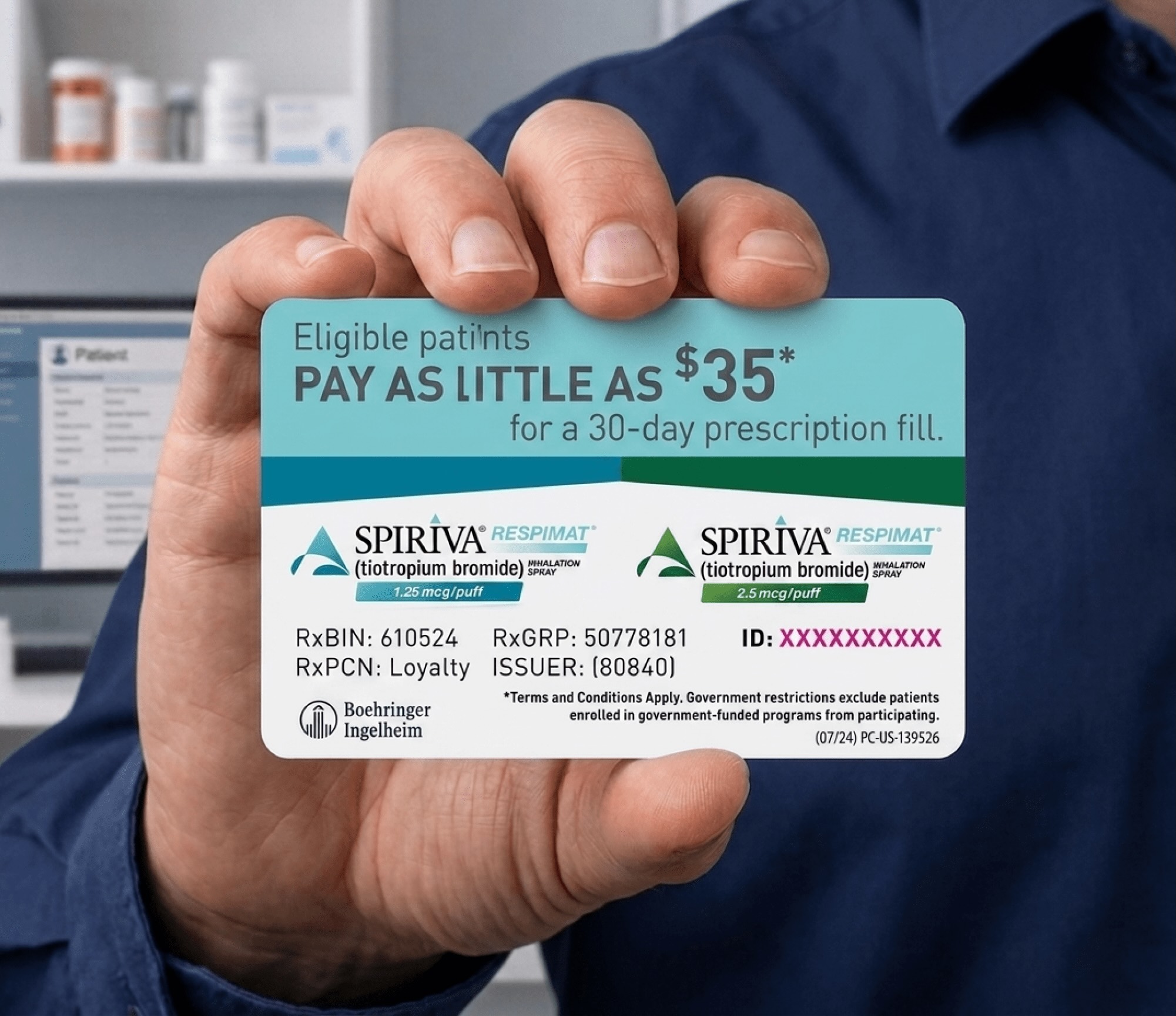 Hand holding a Spiriva Respimat savings card offering $35 prescription fill