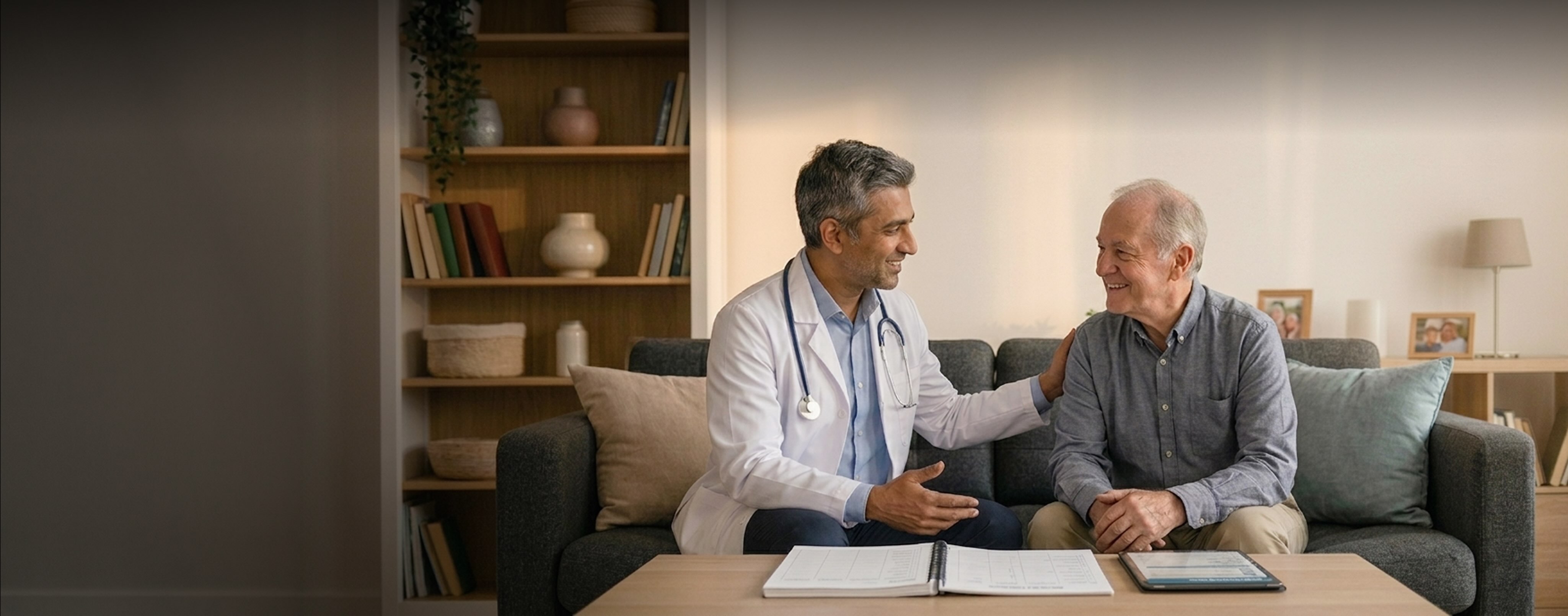 Doctor discussing support services with a senior patient on a couch