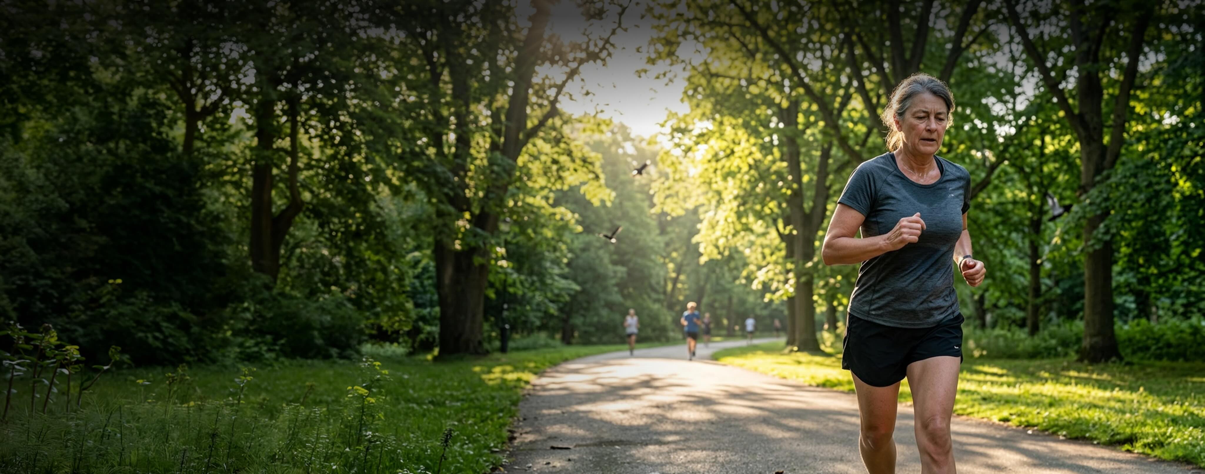 Senior woman jogging on a paved path in a sunny park
